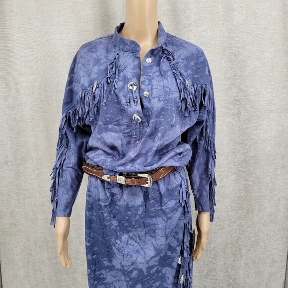 Ozark Mountain Jean Western Maxi Skirt Top Set Blue Fringe Concho Matching Set - Picture 8 of 16